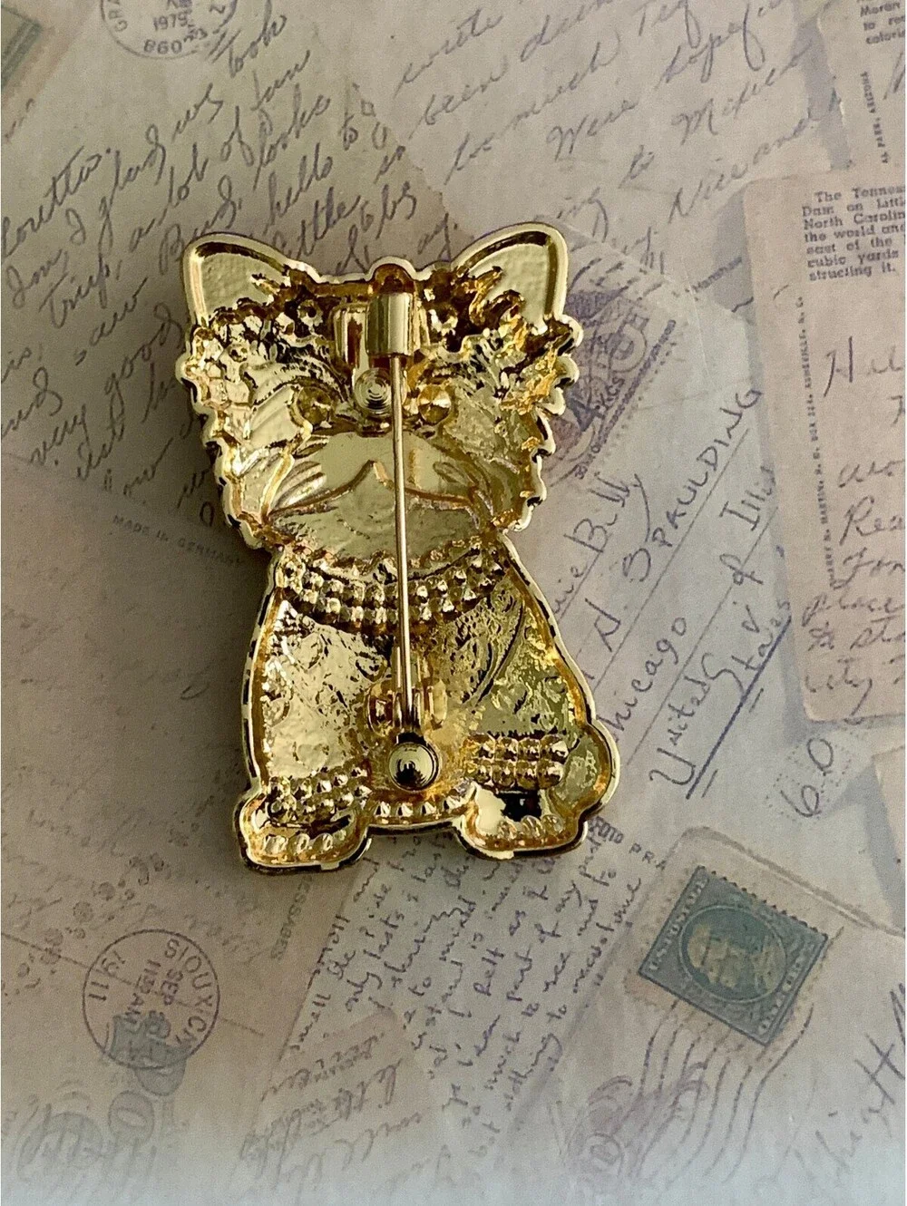 Charming Yorkie Dog Brooch with Sparkly Rhinestones & Floral Crown